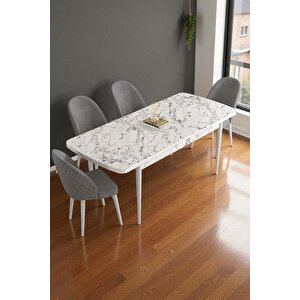 Mura Beyaz Mermer 80x132 Açılabilir Mdf Masa Yemek Odası Takımı, Mutfak Takımı 4 Adet Sandalye Cappuccino