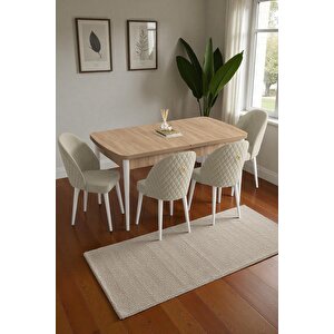 Mura Meşe 80x132 Açılabilir Mdf Masa Yemek Odası Takımı, Mutfak Takımı 4 Adet Sandalye Krem