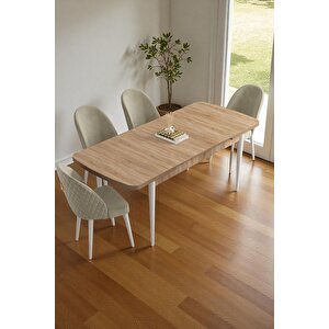 Mura Meşe 80x132 Açılabilir Mdf Masa Yemek Odası Takımı, Mutfak Takımı 4 Adet Sandalye Krem