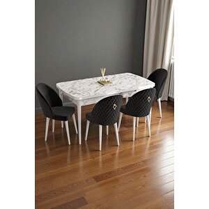 Mura Beyaz Mermer 80x132 Açılabilir Mdf Masa Yemek Odası Takımı, Mutfak Takımı 4 Adet Sandalye Siyah
