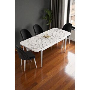 Mura Beyaz Mermer 80x132 Açılabilir Mdf Masa Yemek Odası Takımı, Mutfak Takımı 4 Adet Sandalye Siyah