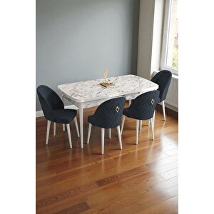 Mura Beyaz Mermer 80x132 Açılabilir Mdf Masa Yemek Odası Takımı, Mutfak Takımı 4 Adet Sandalye Antrasit