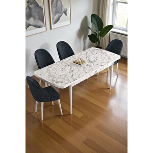 Mura Beyaz Mermer 80x132 Açılabilir Mdf Masa Yemek Odası Takımı, Mutfak Takımı 4 Adet Sandalye Antrasit