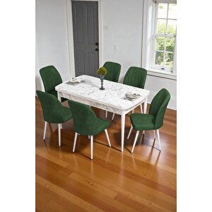 Bara Beyaz Mermer 80x132 Açılabilir Sunta Masa Yemek Odası Takımı, Mutfak Takımı 6 Adet Sandalye Yeşil