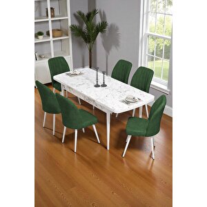 Bara Beyaz Mermer 80x132 Açılabilir Sunta Masa Yemek Odası Takımı, Mutfak Takımı 6 Adet Sandalye Yeşil