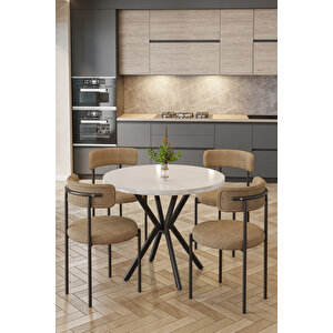 Barted Masa Sandalye Takımı 4 Kişilik | Yuvarlak 90 Cm | Teddy Sandalyeli Modern Tasarım Cappuccino
