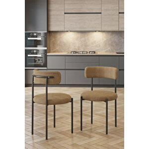 Barted Masa Sandalye Takımı 4 Kişilik | Yuvarlak 90 Cm | Teddy Sandalyeli Modern Tasarım Cappuccino