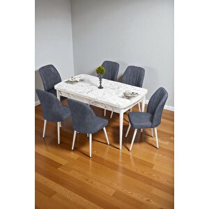 Bara Beyaz Mermer 80x132 Açılabilir Sunta Masa Yemek Odası Takımı, Mutfak Takımı 6 Adet Sandalye Antrasit