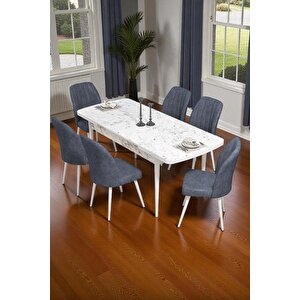 Bara Beyaz Mermer 80x132 Açılabilir Sunta Masa Yemek Odası Takımı, Mutfak Takımı 6 Adet Sandalye Antrasit