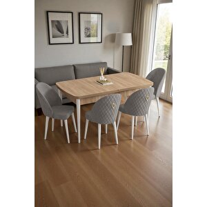 Mura Meşe 80x132 Açılabilir Mdf Masa Yemek Odası Takımı, Mutfak Takımı 4 Adet Sandalye Gri