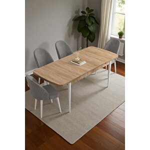 Mura Meşe 80x132 Açılabilir Mdf Masa Yemek Odası Takımı, Mutfak Takımı 4 Adet Sandalye Gri
