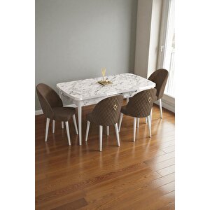 Mura Beyaz Mermer 80x132 Açılabilir Mdf Masa Yemek Odası Takımı, Mutfak Takımı 4 Adet Sandalye Kahverengi