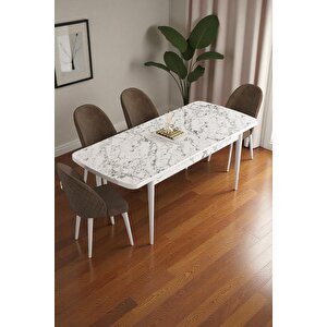 Mura Beyaz Mermer 80x132 Açılabilir Mdf Masa Yemek Odası Takımı, Mutfak Takımı 4 Adet Sandalye Kahverengi