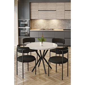 Barted Masa Sandalye Takımı 4 Kişilik | Yuvarlak 90 Cm | Teddy Sandalyeli Modern Tasarım Siyah