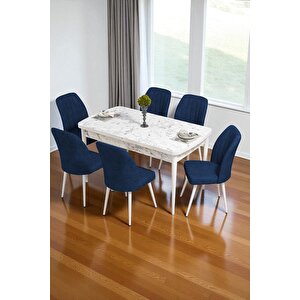 Bara Beyaz Mermer 80x132 Açılabilir Sunta Masa Yemek Odası Takımı, Mutfak Takımı 6 Adet Sandalye Lacivert