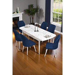 Bara Beyaz Mermer 80x132 Açılabilir Sunta Masa Yemek Odası Takımı, Mutfak Takımı 6 Adet Sandalye Lacivert