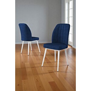 Bara Beyaz Mermer 80x132 Açılabilir Sunta Masa Yemek Odası Takımı, Mutfak Takımı 6 Adet Sandalye Lacivert