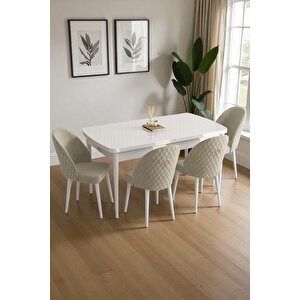 Mura Beyaz 80x132 Açılabilir Mdf Masa Yemek Odası Takımı, Mutfak Takımı 4 Adet Sandalye Krem