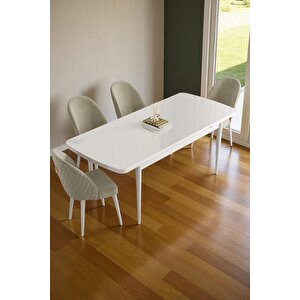Mura Beyaz 80x132 Açılabilir Mdf Masa Yemek Odası Takımı, Mutfak Takımı 4 Adet Sandalye Krem