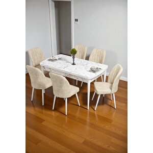 Bara Beyaz Mermer 80x132 Açılabilir Sunta Masa Yemek Odası Takımı, Mutfak Takımı 6 Adet Sandalye Krem