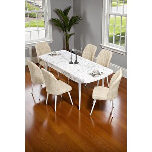 Bara Beyaz Mermer 80x132 Açılabilir Sunta Masa Yemek Odası Takımı, Mutfak Takımı 6 Adet Sandalye Krem
