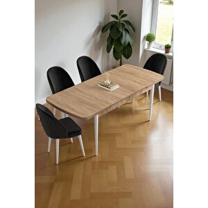 Mura Meşe 80x132 Açılabilir Mdf Masa Yemek Odası Takımı, Mutfak Takımı 4 Adet Sandalye Siyah
