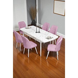 Bara Beyaz Mermer 80x132 Açılabilir Sunta Masa Yemek Odası Takımı, Mutfak Takımı 6 Adet Sandalye Pembe