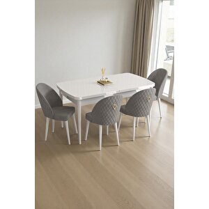 Mura Beyaz 80x132 Açılabilir Mdf Masa Yemek Odası Takımı, Mutfak Takımı 4 Adet Sandalye Gri