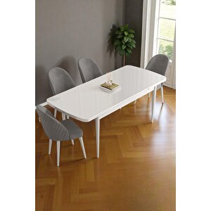 Mura Beyaz 80x132 Açılabilir Mdf Masa Yemek Odası Takımı, Mutfak Takımı 4 Adet Sandalye Gri