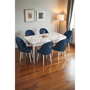 Mura Beyaz Mermer 80x132 Açılabilir Mdf Masa Yemek Odası Takımı, Mutfak Takımı 6 Adet Sandalye Lacivert