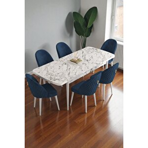 Mura Beyaz Mermer 80x132 Açılabilir Mdf Masa Yemek Odası Takımı, Mutfak Takımı 6 Adet Sandalye Lacivert