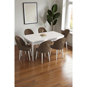 Mura Beyaz 80x132 Açılabilir Mdf Masa Yemek Odası Takımı, Mutfak Takımı 6 Adet Sandalye Kahverengi