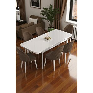 Mura Beyaz 80x132 Açılabilir Mdf Masa Yemek Odası Takımı, Mutfak Takımı 6 Adet Sandalye Kahverengi