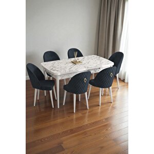 Mura Beyaz Mermer 80x132 Açılabilir Mdf Masa Yemek Odası Takımı, Mutfak Takımı 6 Adet Sandalye Antrasit