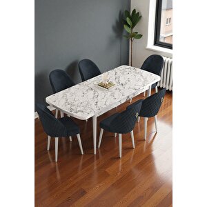 Mura Beyaz Mermer 80x132 Açılabilir Mdf Masa Yemek Odası Takımı, Mutfak Takımı 6 Adet Sandalye Antrasit