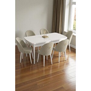 Mura Beyaz 80x132 Açılabilir Mdf Masa Yemek Odası Takımı, Mutfak Takımı 6 Adet Sandalye Krem