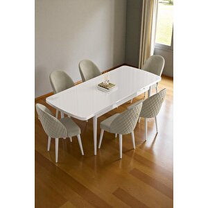 Mura Beyaz 80x132 Açılabilir Mdf Masa Yemek Odası Takımı, Mutfak Takımı 6 Adet Sandalye Krem