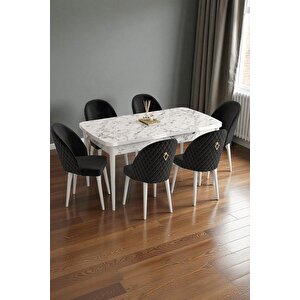 Mura Beyaz Mermer 80x132 Açılabilir Mdf Masa Yemek Odası Takımı, Mutfak Takımı 6 Adet Sandalye Siyah