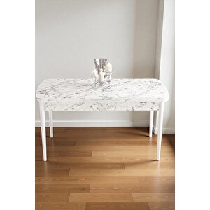 Mura Beyaz Mermer 80x132 Açılabilir Mdf Masa Yemek Odası Takımı, Mutfak Takımı 6 Adet Sandalye Siyah