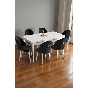 Mura Beyaz 80x132 Açılabilir Mdf Masa Yemek Odası Takımı, Mutfak Takımı 6 Adet Sandalye Siyah
