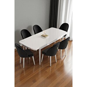 Mura Beyaz 80x132 Açılabilir Mdf Masa Yemek Odası Takımı, Mutfak Takımı 6 Adet Sandalye Siyah
