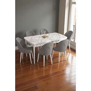 Mura Beyaz Mermer 80x132 Açılabilir Mdf Masa Yemek Odası Takımı, Mutfak Takımı 6 Adet Sandalye Gri