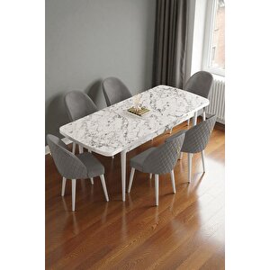 Mura Beyaz Mermer 80x132 Açılabilir Mdf Masa Yemek Odası Takımı, Mutfak Takımı 6 Adet Sandalye Gri