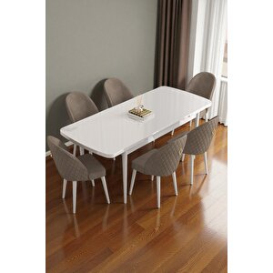 Mura Beyaz 80x132 Açılabilir Mdf Masa Yemek Odası Takımı, Mutfak Takımı 6 Adet Sandalye Cappuccino