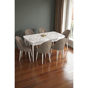 Mura Beyaz Mermer 80x132 Açılabilir Mdf Masa Yemek Odası Takımı, Mutfak Takımı 6 Adet Sandalye Cappuccino