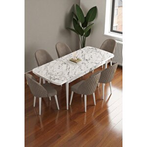 Mura Beyaz Mermer 80x132 Açılabilir Mdf Masa Yemek Odası Takımı, Mutfak Takımı 6 Adet Sandalye Cappuccino
