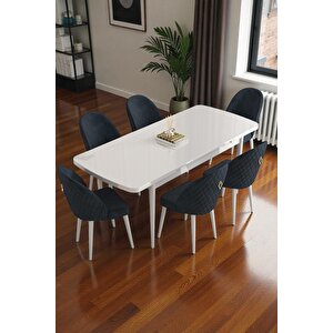 Mura Beyaz 80x132 Açılabilir Mdf Masa Yemek Odası Takımı, Mutfak Takımı 6 Adet Sandalye Antrasit