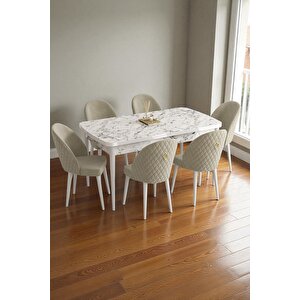 Mura Beyaz Mermer 80x132 Açılabilir Mdf Masa Yemek Odası Takımı, Mutfak Takımı 6 Adet Sandalye Krem