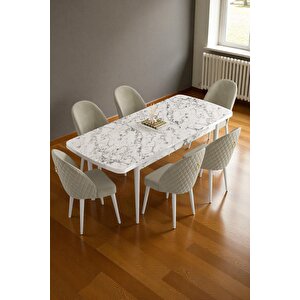 Mura Beyaz Mermer 80x132 Açılabilir Mdf Masa Yemek Odası Takımı, Mutfak Takımı 6 Adet Sandalye Krem