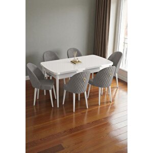 Mura Beyaz 80x132 Açılabilir Mdf Masa Yemek Odası Takımı, Mutfak Takımı 6 Adet Sandalye Gri
